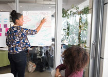 A woman instrucing her pupil with a whiteboard