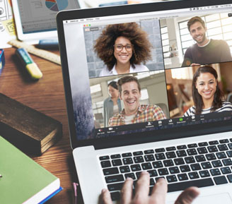 people gathered into a digital meeting on a laptop